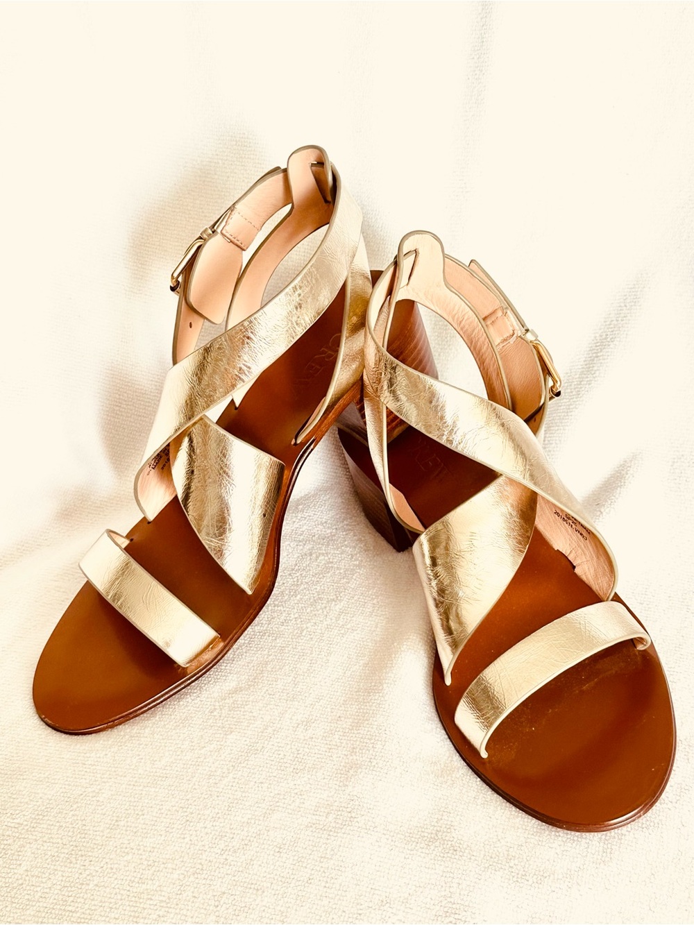 J. Crew Metallic Gold Crisscross Block Heel Sandals Strappy Leather Size 7.5